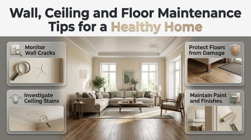 Wall, ceiling and floor maintenance tips showing crack inspection, ceiling water stains, floor protection, and interior paint care.