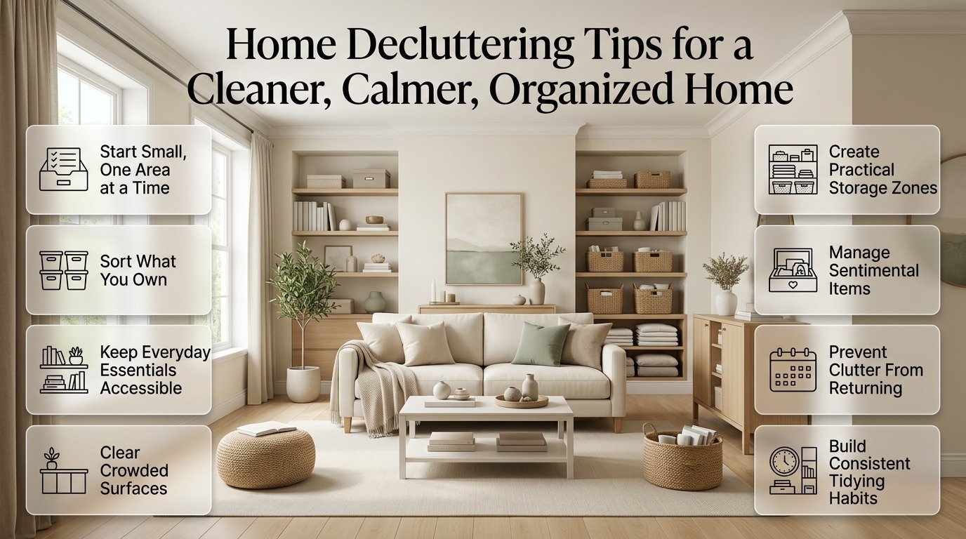 Home decluttering tips featuring organized shelves, neatly arranged storage baskets, clear countertops, folded linens, and a bright, clutter-free living space. Home Decluttering Tips for a Cleaner, Calmer, Organized Home