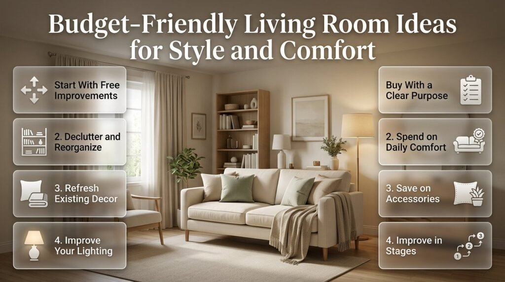 Budget-friendly living room ideas featuring rearranged furniture, refreshed cushions, affordable lighting, organized shelves, and coordinated neutral decor.