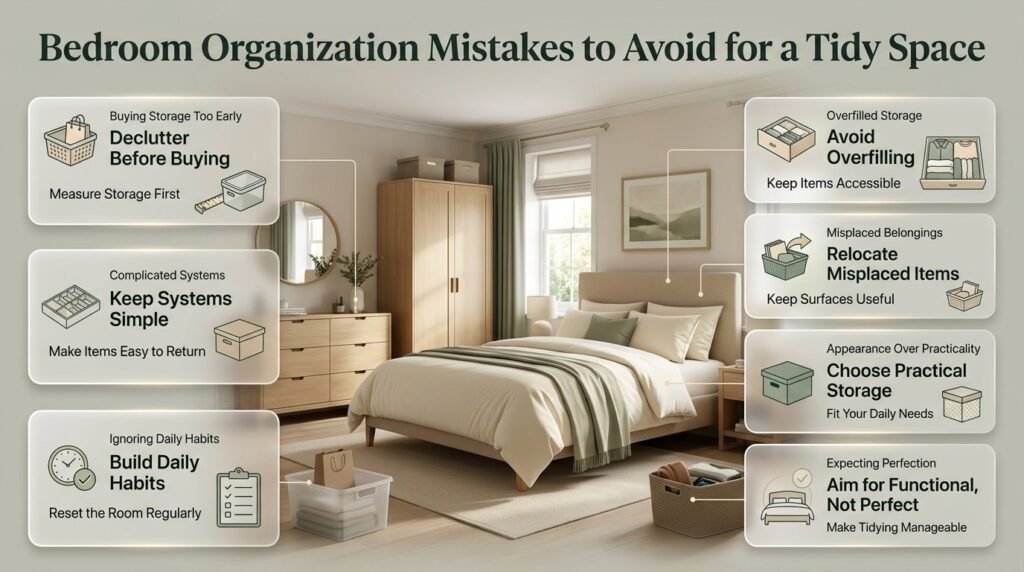 Bedroom organization mistakes infographic highlighting excess storage purchases, complicated systems, overflowing drawers, misplaced clutter, and impractical organizing habits.