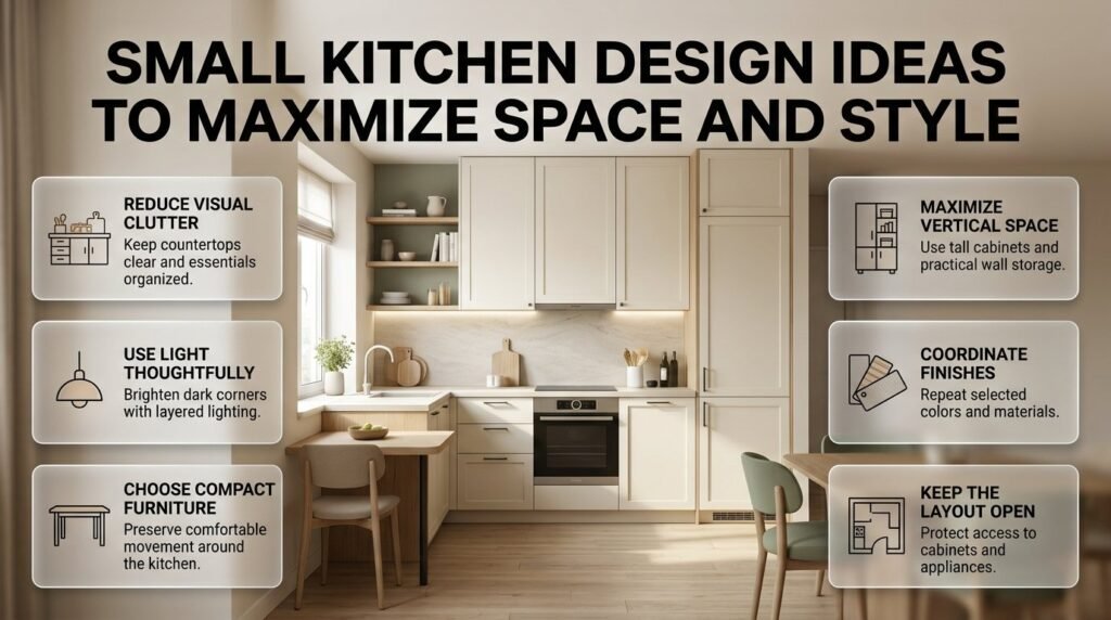 Small kitchen design ideas featuring light finishes, compact furniture, vertical storage, organized countertops, and layered lighting to maximize space.
