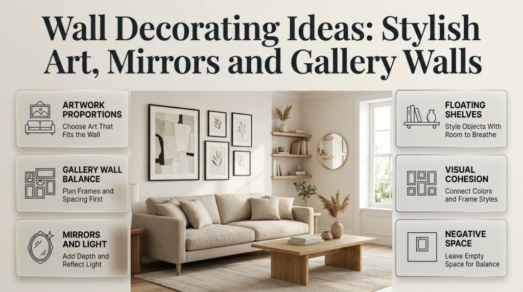 Wall decorating ideas featuring balanced wall art, a stylish gallery wall, decorative mirrors, floating shelves, and elegant minimalist living room decor.
