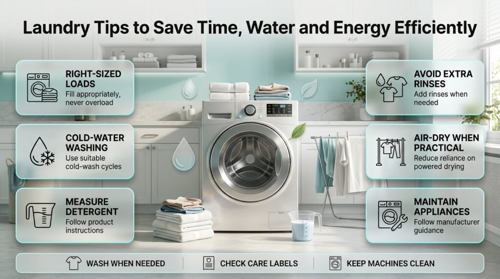 Laundry efficiency infographic showing full washing machine loads, cold-water washing, measured detergent, air-drying clothes, and appliance maintenance.