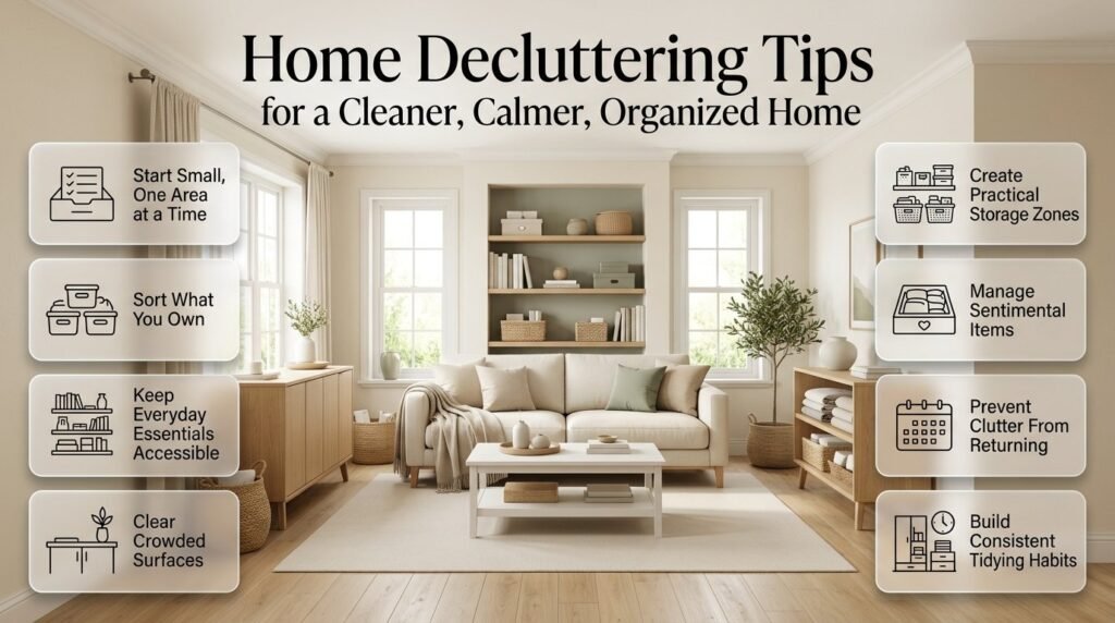 Decluttering tips showing belongings sorted into keep, donate, sell, and discard categories, with organized household items and storage baskets.