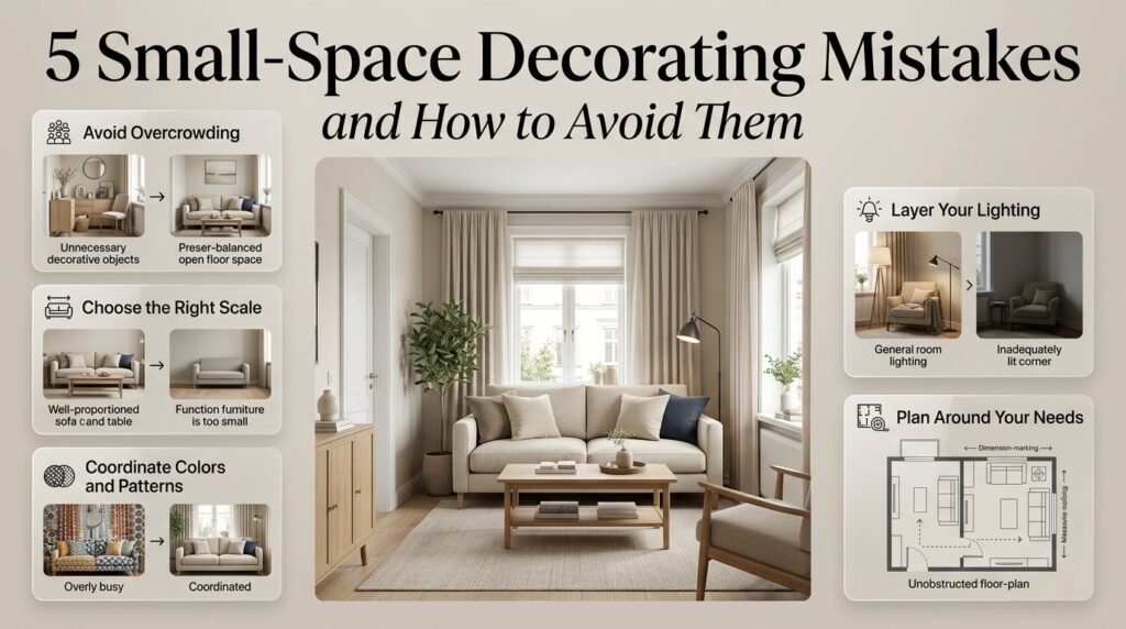 Small-space decorating infographic showing overcrowded corners, undersized furniture, clashing patterns, poor lighting, and impractical room layouts.