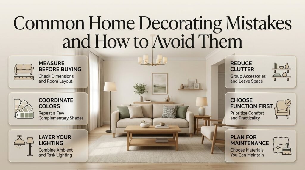 Common home decorating mistakes illustrated with oversized furniture, clashing colors, poor lighting, cluttered shelves, and practical interior design solutions.