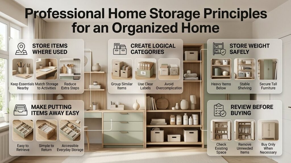 Professional home storage principles infographic featuring point-of-use organization, logical categories, accessible storage, safe weight distribution, and efficient space planning.