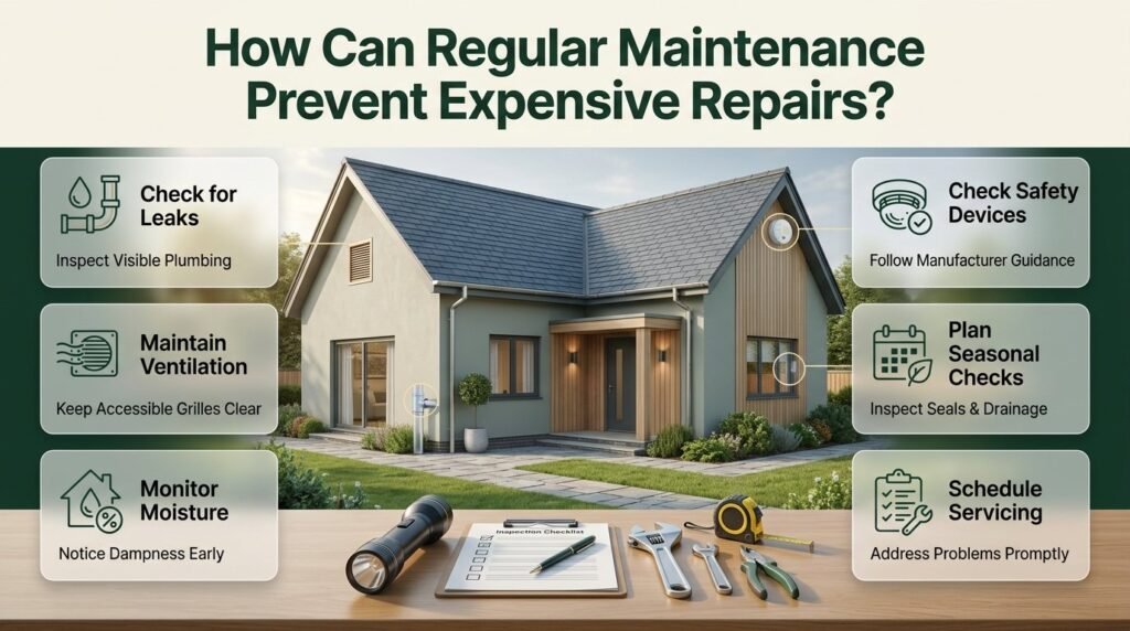 Regular home maintenance tips featuring plumbing inspections, ventilation cleaning, moisture checks, seasonal inspections, and preventive repairs.