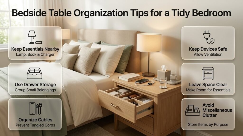 Bedside table organization infographic featuring a reading lamp, book, phone charger, organized cables, storage drawer, and clutter-free nightstand.