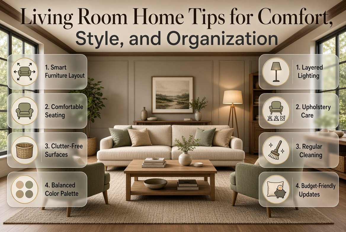 Living room home tips featuring comfortable furniture, smart layouts, coordinated colors, layered lighting, and practical organization ideas. Living Room Home Tips for Comfort, Style, and Organization