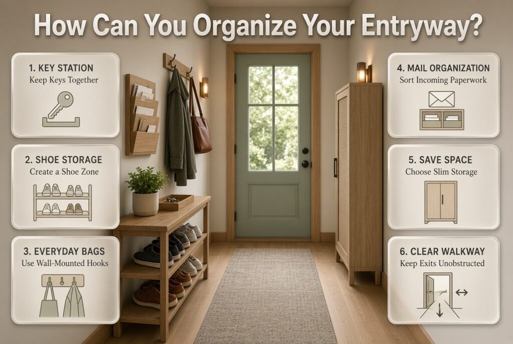Entryway organization infographic featuring wall hooks, a shoe rack, key tray, bag storage, and an organized mail station in a welcoming home entrance.