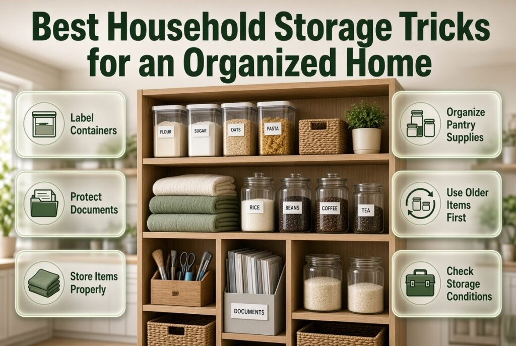 Best household storage tricks featuring labeled containers, organized cupboards, neatly stored clothing, pantry supplies, and practical home storage solutions.