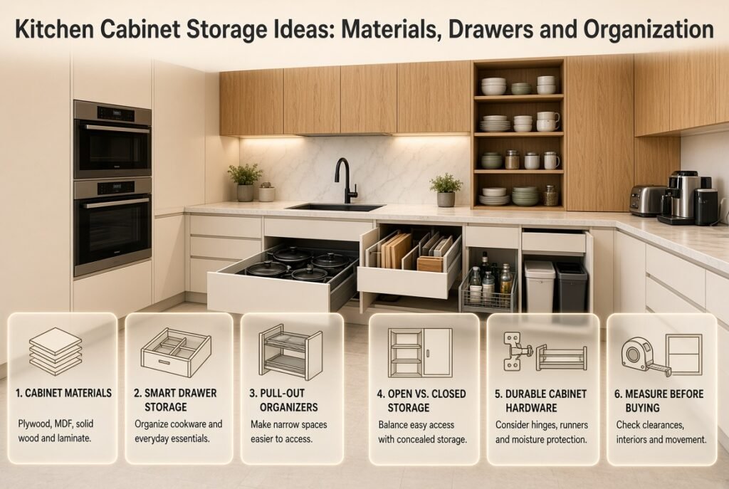 Kitchen cabinet storage ideas featuring plywood and wood cabinets, deep drawers, pull-out organizers, open shelving, and smart kitchen storage solutions.