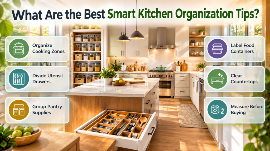 Smart kitchen organization tips featuring cooking zones, divided utensil drawers, labeled pantry containers, and clutter-free countertops.