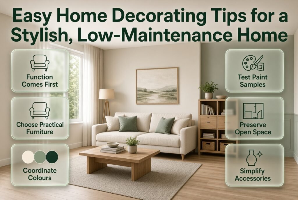 Easy home decorating tips featuring coordinated colours, practical furniture, durable fabrics, natural lighting, and clutter-free styling for a low-maintenance home.