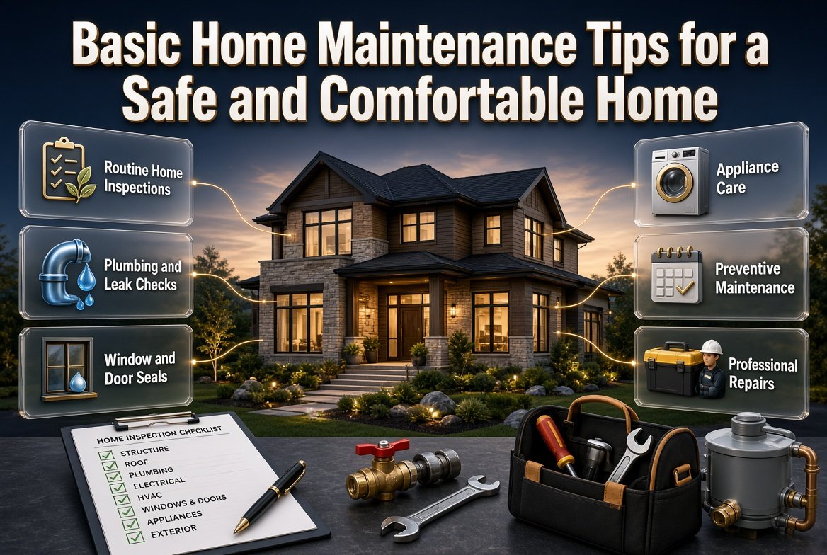 Basic Home Maintenance Tips featuring plumbing checks, appliance care, home inspections, leak prevention, and routine property maintenance. Basic Home Maintenance Tips for a Safe and Comfortable Home