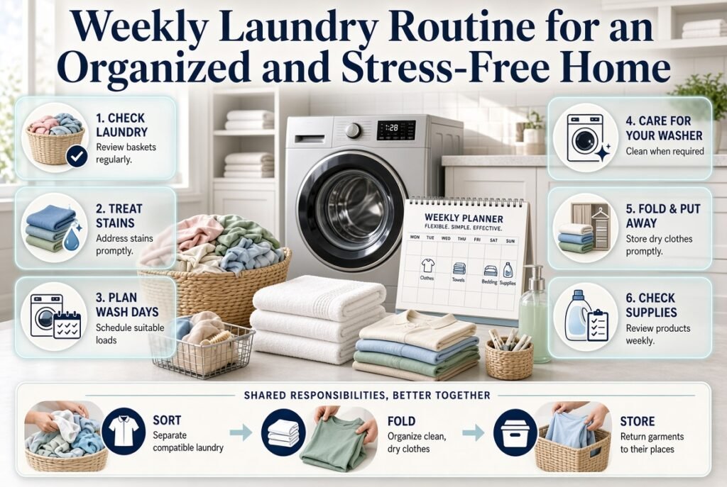 Weekly laundry routine infographic showing a laundry schedule, sorted clothes, folded towels, stain treatment, and organized clothing storage.