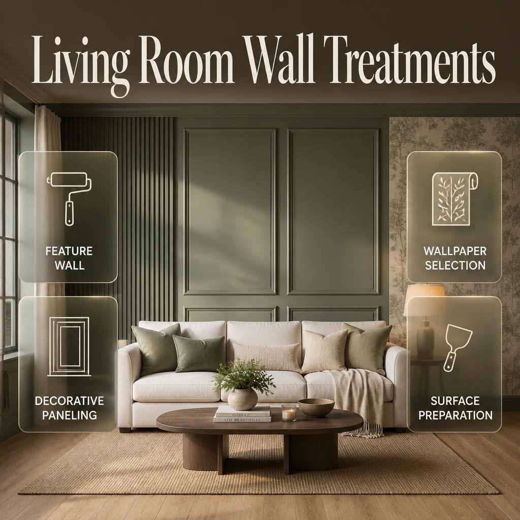 Living room wall treatments featuring a balanced feature wall, decorative paneling, elegant wallpaper, repaired surfaces, and coordinated interior finishes.