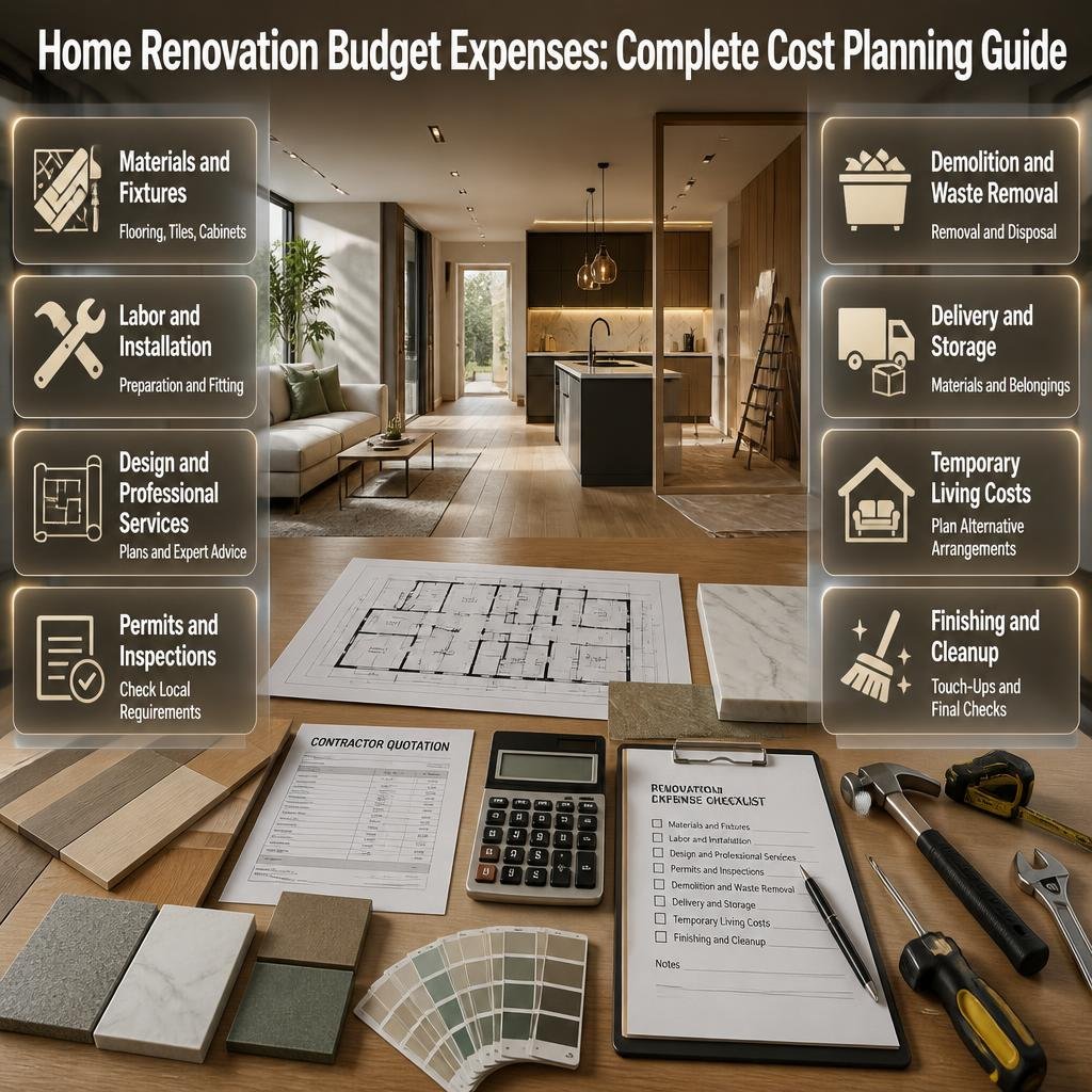 Home renovation budget infographic showing materials, labor, professional fees, permits, demolition, delivery, temporary living costs, and final cleanup.