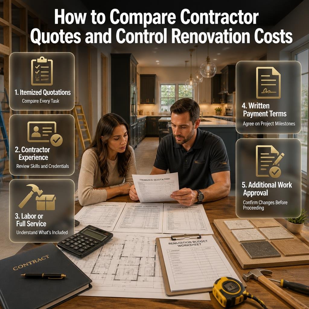 Home renovation budgeting infographic comparing contractor quotes, labor costs, itemized estimates, credentials, payment terms, and additional work approvals.