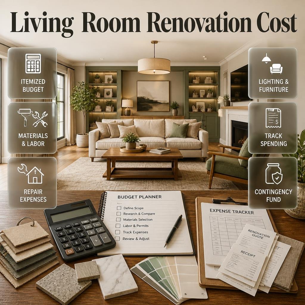Living room renovation cost infographic featuring itemized budgeting, material selection, labor expenses, lighting upgrades, furniture costs, and contingency planning.