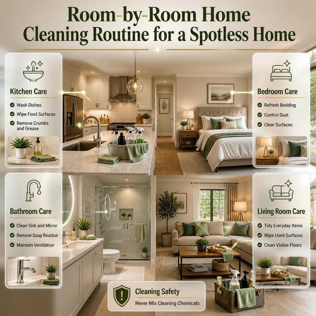 Room-by-room home cleaning routine infographic showing kitchen, bathroom, bedroom, and living room cleaning tasks with essential supplies.