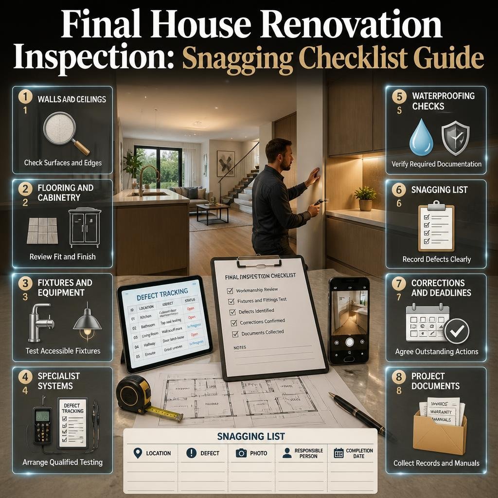 Final house renovation inspection infographic showing a contractor checklist, snagging list, finished interiors, fixture testing, warranties, and project documents.