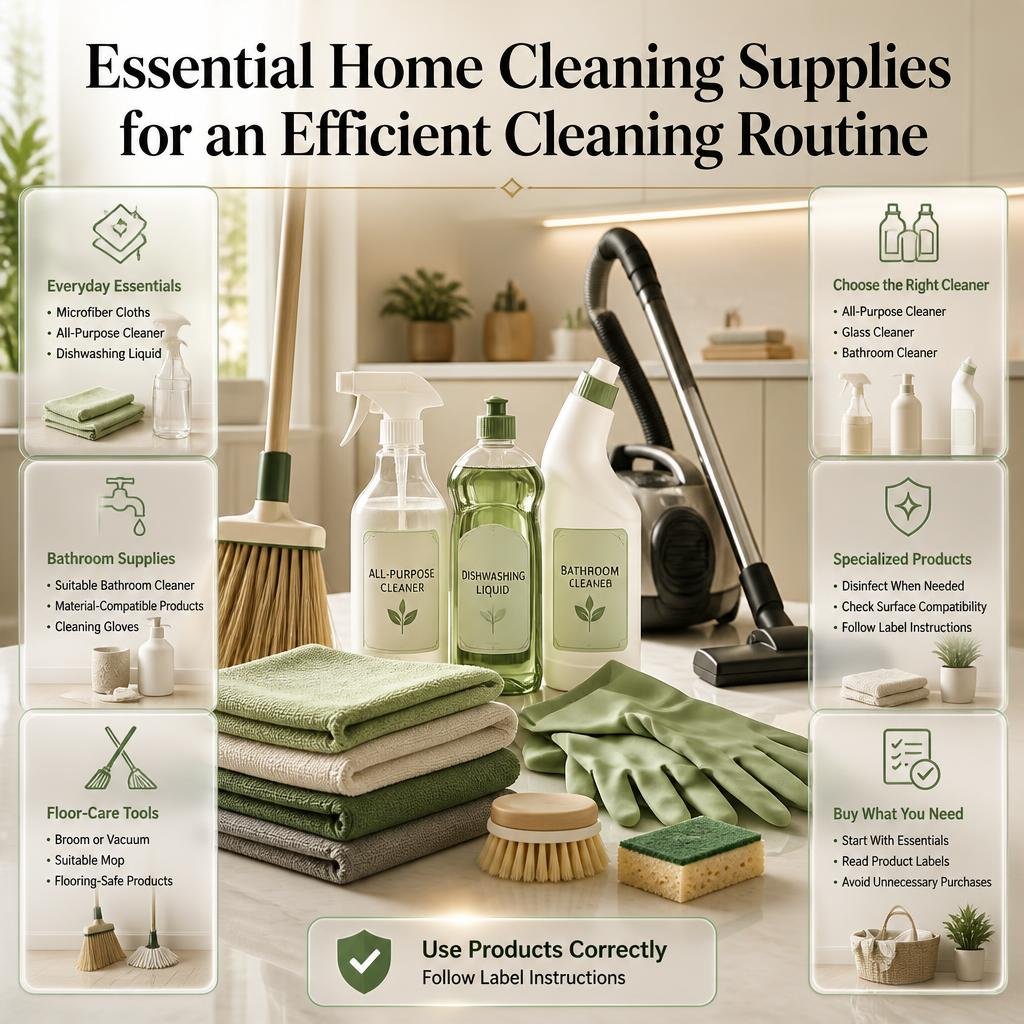 Essential home cleaning supplies infographic featuring microfiber cloths, all-purpose cleaner, gloves, brushes, a mop, and floor-cleaning tools.