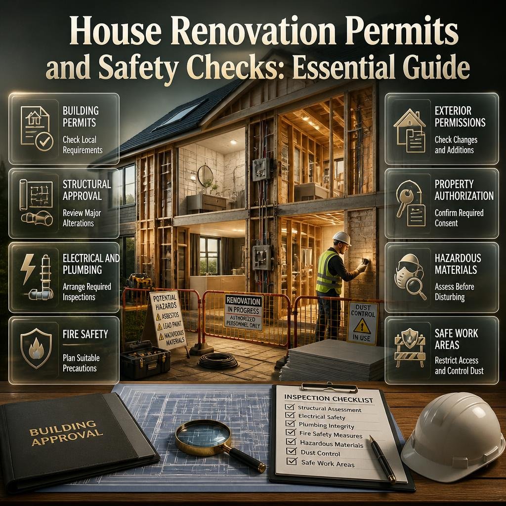 House renovation permits and safety checks infographic featuring building approvals, structural inspections, electrical safety, fire prevention, and hazardous material assessment.