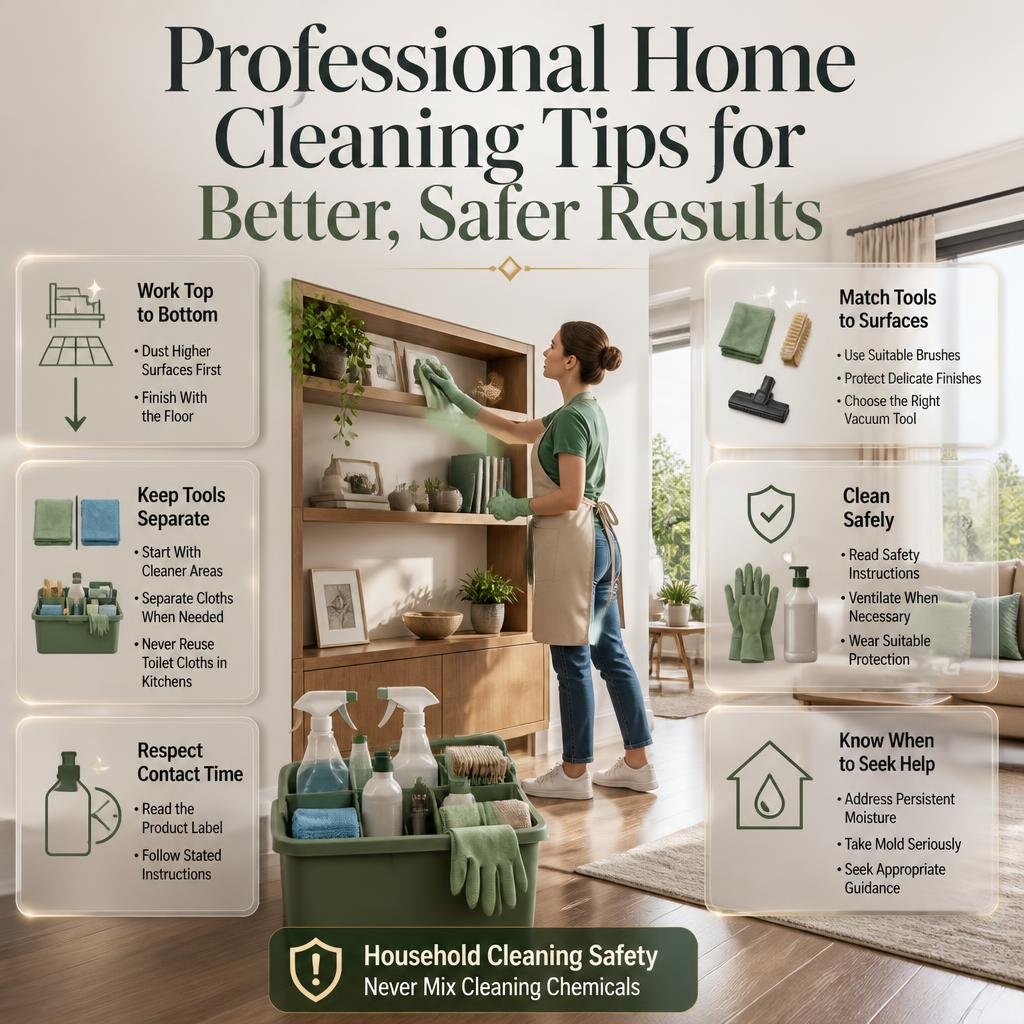 Professional home cleaning tips infographic showing top-to-bottom cleaning, suitable tools, correct product contact time, and household safety practices.