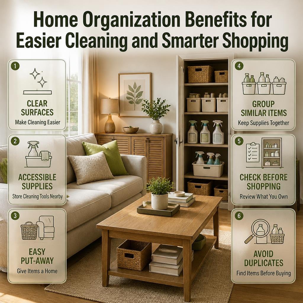 Home organization infographic showing clutter-free surfaces, easy cleaning, accessible supplies, organized storage, and reduced unnecessary household purchases.