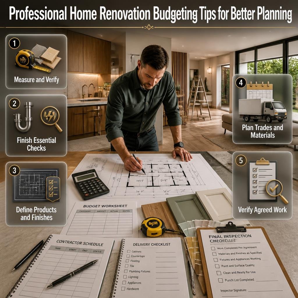 Home renovation budgeting infographic featuring material inspections, construction sequencing, clear specifications, contractor coordination, and final quality checks.