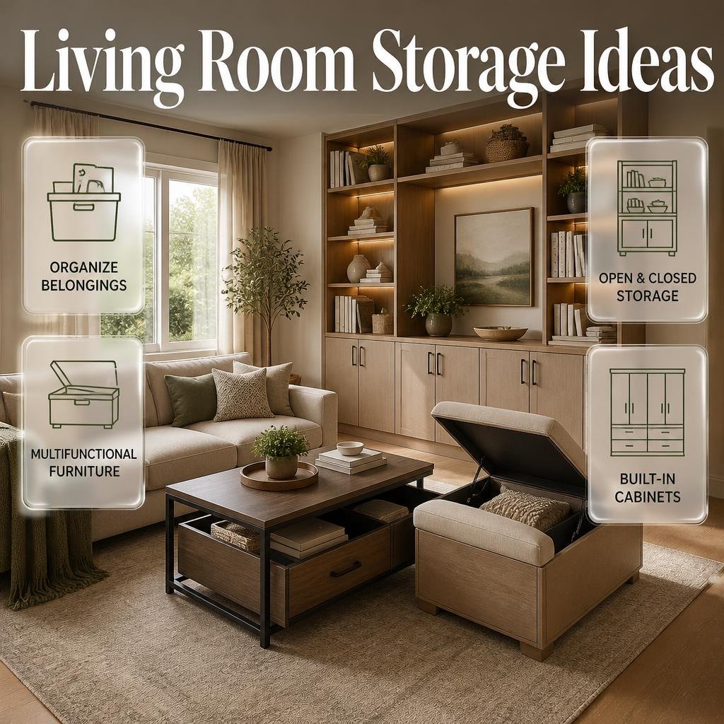 Living room storage ideas featuring multifunctional furniture, built-in cabinets, organized open shelving, closed cupboards, and space-saving storage solutions.