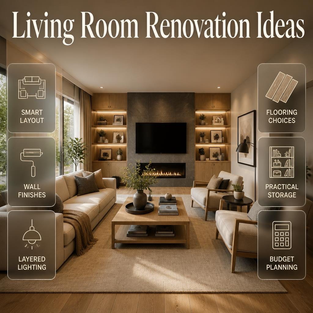 Living room renovation ideas featuring modern furniture layout, elegant wall finishes, layered lighting, practical storage, and stylish flooring. Living Room Renovation Ideas for a Stylish, Functional Home
