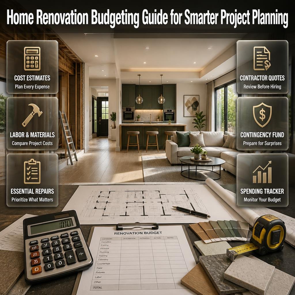 Home renovation budgeting infographic showing renovation costs, labor, materials, essential repairs, contractor quotes, and contingency planning. Home Renovation Budgeting Guide for Smarter Project Planning