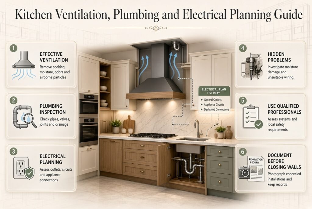 Kitchen renovation planning guide showing a modern range hood, sink plumbing, electrical outlets, appliance connections, and essential kitchen safety systems.