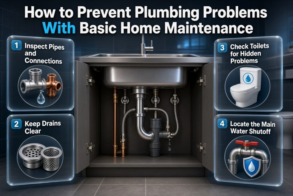 How to prevent plumbing problems with under-sink leak inspections, clear drains, toilet checks, and safe water shutoff maintenance.