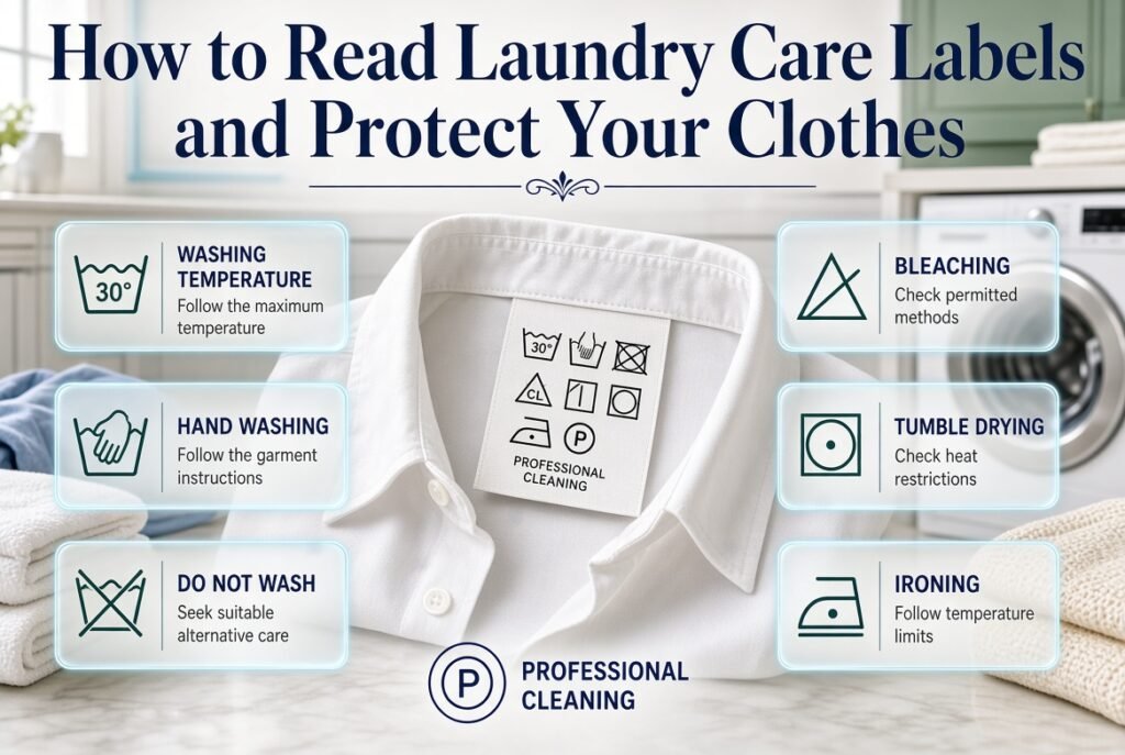 Laundry care label guide showing washing, drying, bleaching, ironing, and professional cleaning symbols on clothing tags.