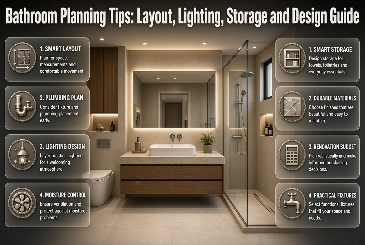 Bathroom planning tips infographic featuring a modern bathroom, smart layout, vanity storage, lighting, ventilation, plumbing, and renovation budgeting. Bathroom Planning Tips: Layout, Lighting, Storage and Design Guide