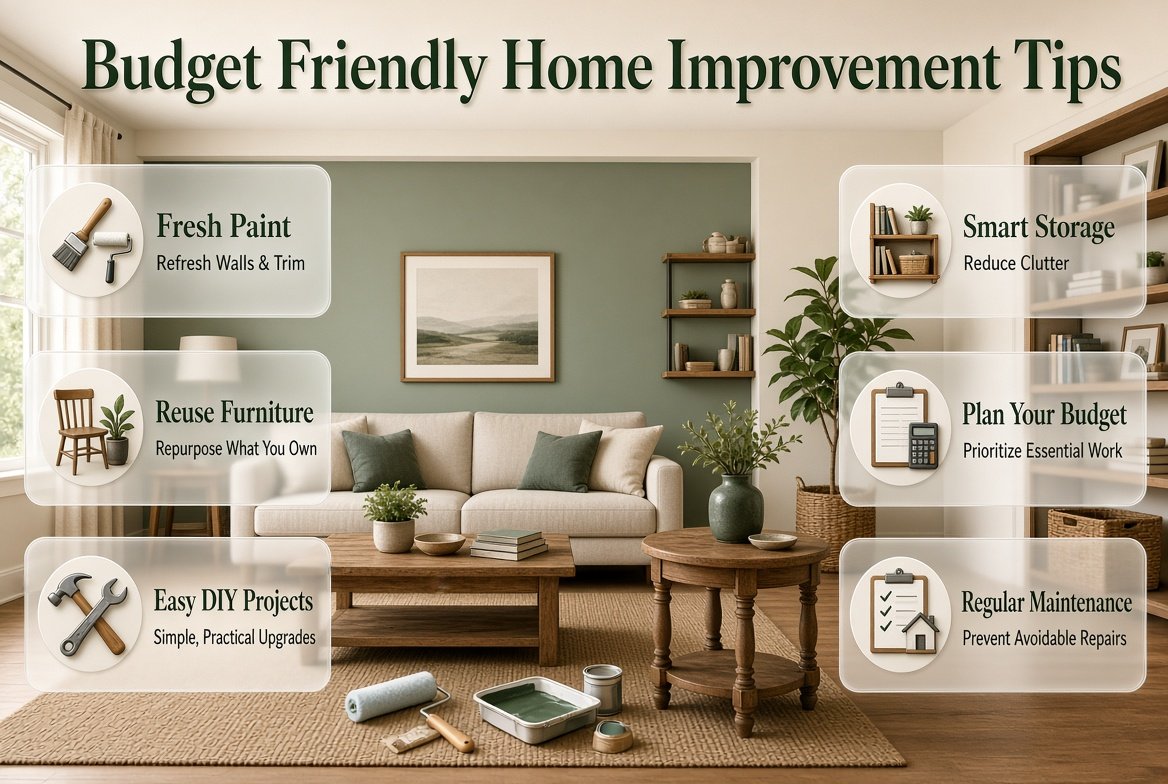 Budget friendly home improvement tips featuring affordable home upgrades, fresh paint, DIY decor, smart storage, and stylish interior design. Budget Friendly Home Improvement Tips for a Stylish Home
