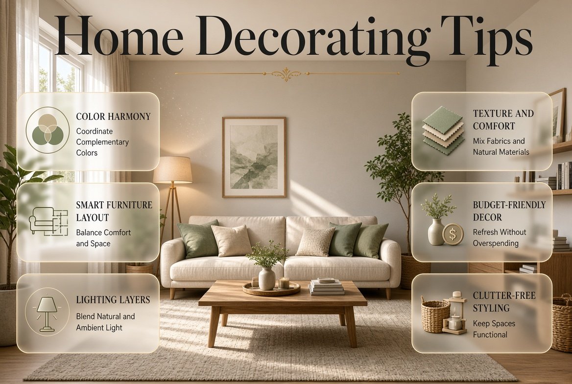 Home decorating tips featuring a stylish living room, balanced colors, elegant furniture, layered lighting, cozy textures, and budget-friendly decor ideas. Home Decorating Tips: Stylish Ideas for a Beautiful Home