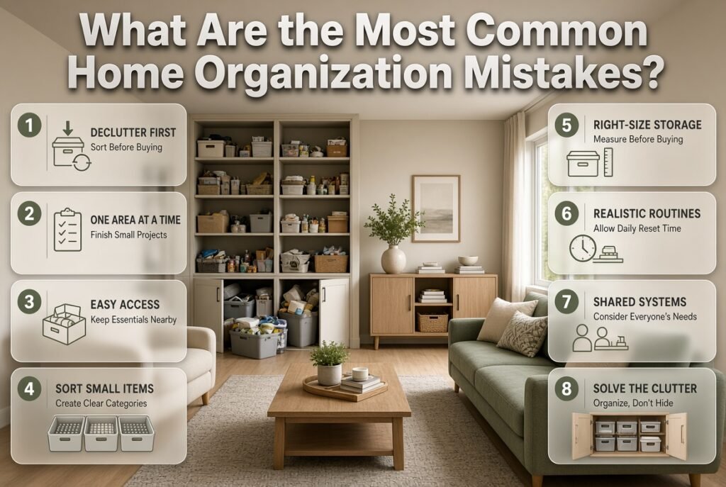 Home organization infographic showing cluttered storage, oversized containers, inaccessible essentials, unnecessary belongings, and practical decluttering solutions.