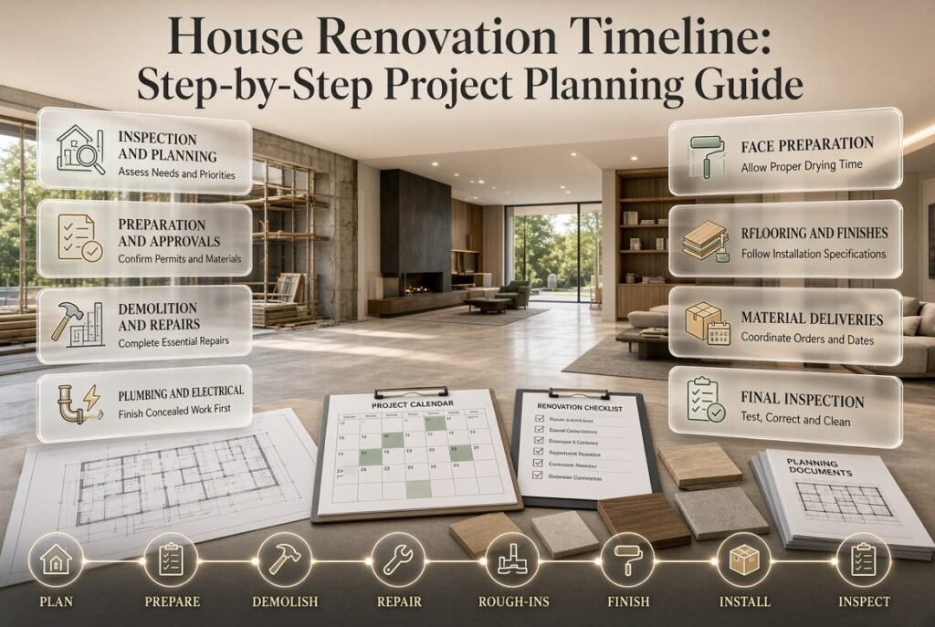 House renovation timeline infographic showing planning, demolition, repairs, plumbing, electrical work, flooring, installations, and final inspections.