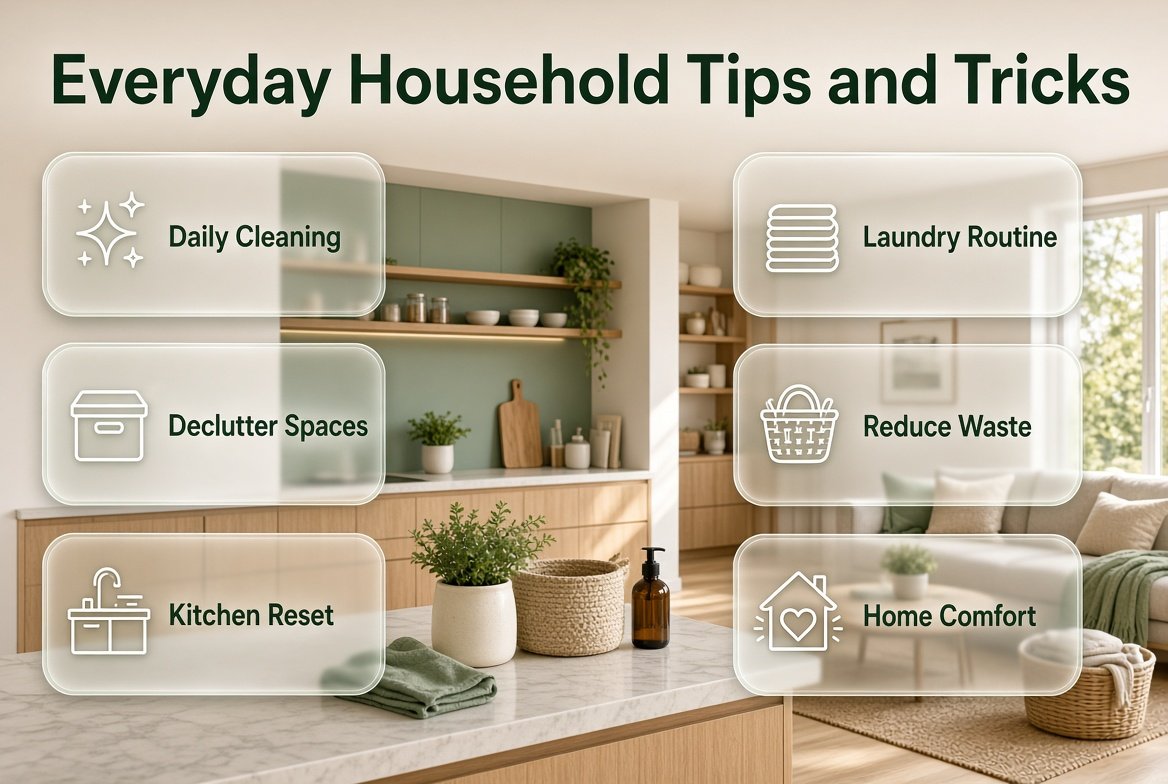 Everyday household tips and tricks featuring a clean, organized home with practical cleaning routines, laundry organization, storage solutions, and home comfort ideas. Everyday Household Tips and Tricks for an Organized Home