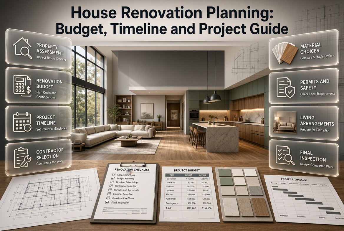 House renovation planning infographic featuring budgeting, project timelines, contractor selection, material choices, permits, and home safety. House Renovation Planning: Budget, Timeline and Project Guide